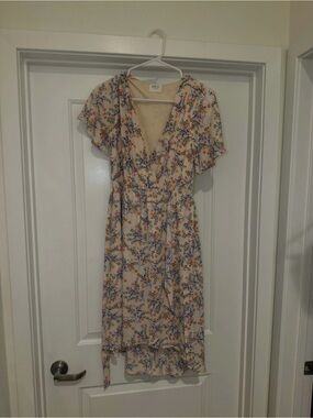 Sienna Sky Beige Midi Dress with Blue & Yellow Floral Print